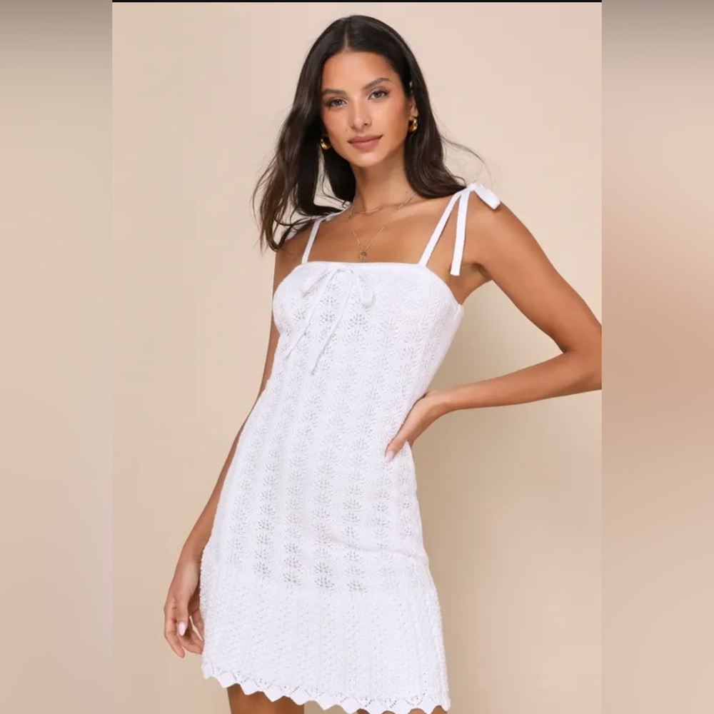 Lulu's Sweetest Choice White Crochet Tie-Strap Tiered Mini Dress- Medium- NWT